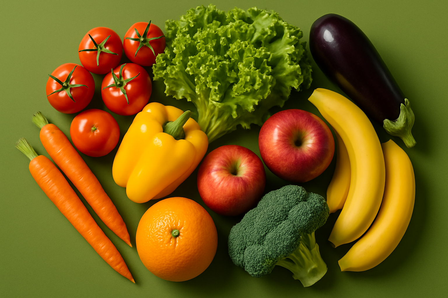 Frutas y verduras sobre fondo verde #6B9C46